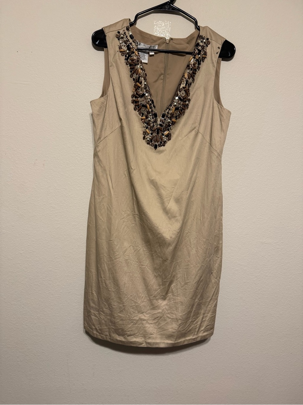 Maggy London beige dress with brown and metallic beading